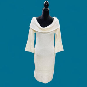 Off Shoulder Sweater Dress White Bell Sleeve Bodycon Knit Stretch L XL Coquette